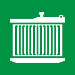 White car radiator icon on green background.