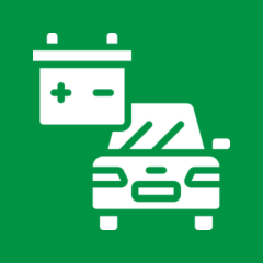 Car with battery symbol on green background.