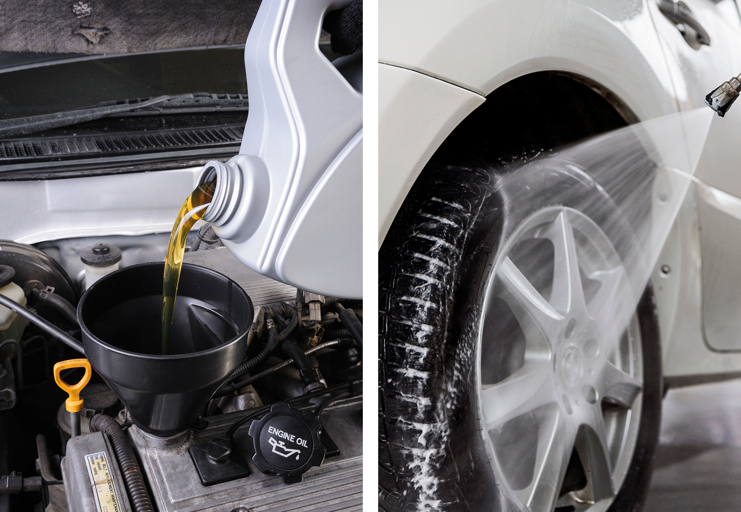 Car oil change and tire washing process.